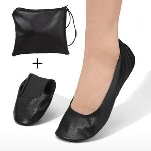 Foldable Black Women's Ballet Flats with Carry Pouch